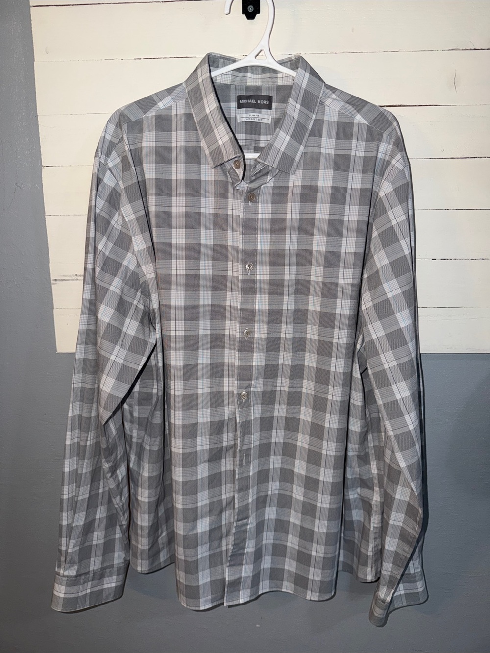 Michael Kors Men's Gray and White Plaid Dress Shirt